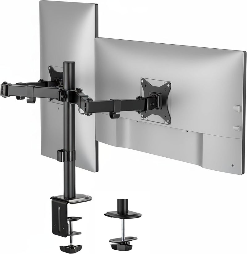 Mount-It! Dual Monitor Stand, Full Motion Desk Mount for 2 Screens up to 32” and 19.8 lbs Each, Tilt Swivel Rotate, VESA 75x75 & 100x100, Adjustable Dual Screen Arm with C-Clamp or Grommet - Image 1